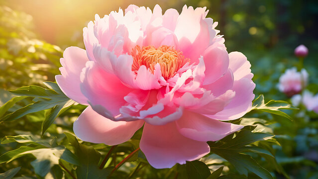 Elegant close-up of a vibrant pink peony flower blooming under warm, soft morning sunlight in a summer garden
