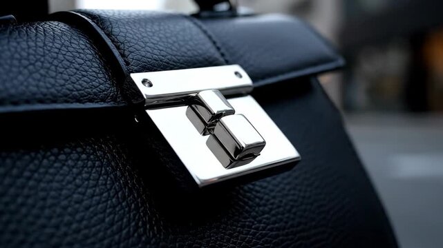 Close-up of elegant black leather handbag with metal closure detail