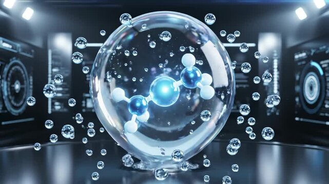Molecule structure is displayed within a protective bubble, representing scientific research, technology, and innovation in a futuristic laboratory setting with informational interfaces