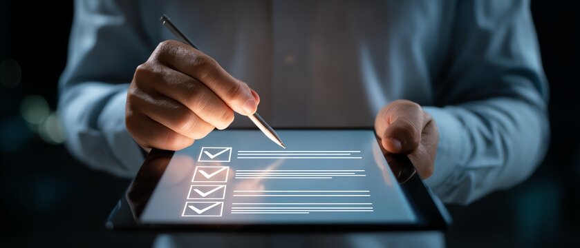 Man using tablet to create digital resolutions checklist, modern tech lifestyle concept