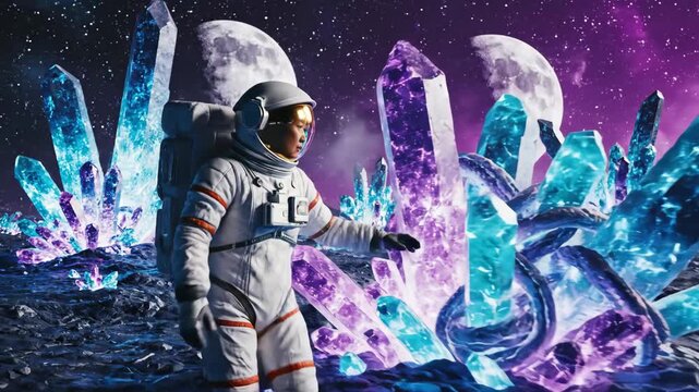 Woman astronaut in a spacesuit traversing a rocky alien planet strewn with glowing blue and purple crystals beneath a starry sky and looming moons, sci-fi exploration scene - Powered by Adobe