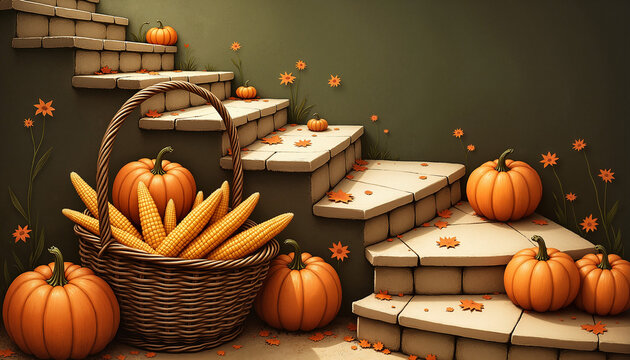 Pumpkins and corn on stone stairs, autumnal harvest decor for blogs