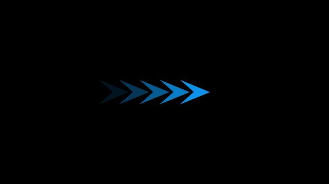 Seamless loop animation of four blue arrows pointing to the right on a black background