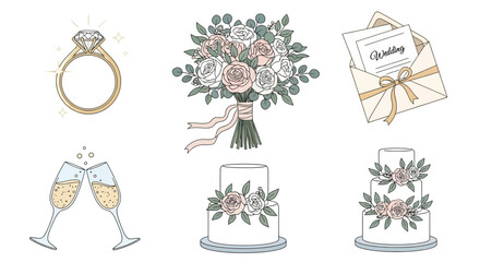 Obraz premium A collection of hand-drawn illustrations depicting elements of a wedding celebration, including a diamond ring, a bridal bouquet, wedding invitations, champagne glasses, and wedding cakes.