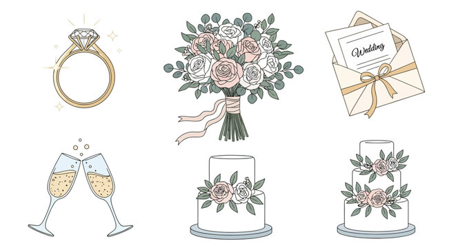 A collection of hand-drawn illustrations depicting elements of a wedding celebration, including a diamond ring, a bridal bouquet, wedding invitations, champagne glasses, and wedding cakes.