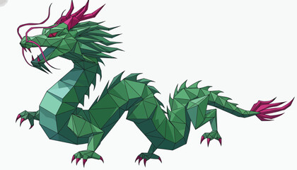 Low poly green dragon illustration in geometric style, featuring sharp angular shapes, red claws, and magenta mane. Modern polygonal fantasy creature design perfect for game assets