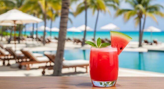 Watermelon Cocktail With Tropical Resort Background