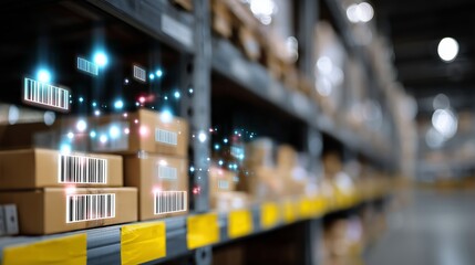 Modern warehouse with boxes and digital tracking technology enhancing inventory management