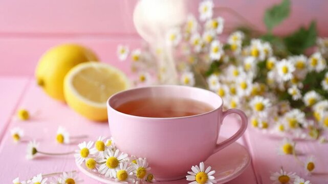 A comforting close-up view of a delicate pink teacup, emitting gentle steam, signifying a warm herbal infusion. The cup sits on a matching saucer, elegantly adorned with freshly scattered white and ye