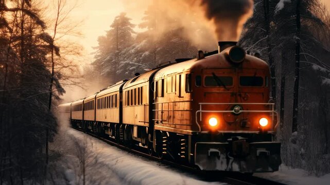 A vintage train chugs through a snowy forest at sunset, captured from a low angle. The scene evokes a nostalgic, cinematic video style. Live desktop wallpaper.