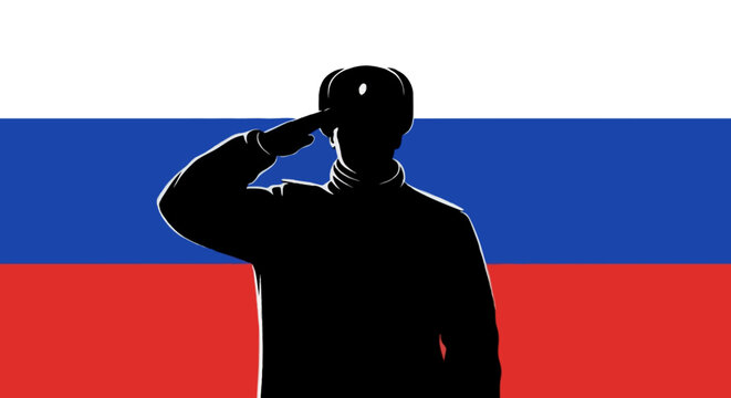 Silhouette of Russian soldier with flag background 3D vector illustration patriotic military design digital art
