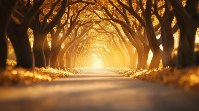 72.A mystical forest path winding through towering ancient trees, with golden light filtering through the dense canopy, creating a peaceful and enchanted atmosphere.