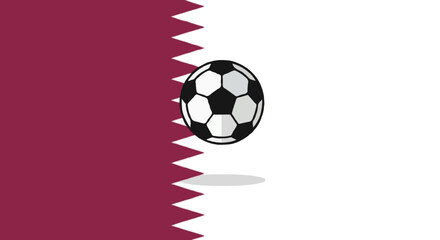 Qatar flag with white serrated band and classic black white soccer ball centered clean flat vector illustration high detail
