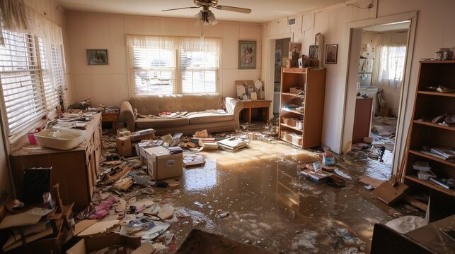 Flood-damaged home interior with scattered furniture and debris.