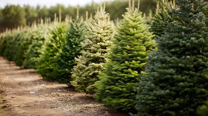 Rows of lush christmas trees on a farm symbolize festive preparation and holiday tradition.