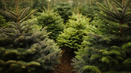 Lush christmas trees in a forest setting, symbolizing holiday spirit and nature.