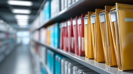 Shelves with colorful folders symbolize organized document management.