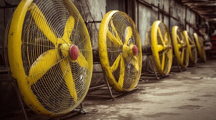 Large industrial fans lined up for moisture control in a warehouse.