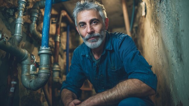 Plumber in a basement fixing a burst water pipe with various tools and pipes visible.