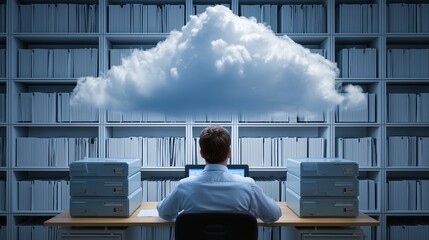 Person at desk with cloud above symbolizes cloud-based workflow automation.