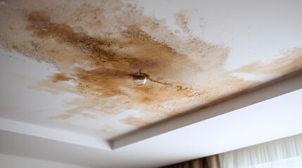 Ceiling with water stains indicating severe water damage.