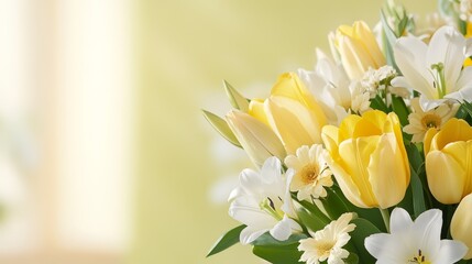 Fototapeta premium 85.A close-up of a refined floral arrangement featuring fresh yellow tulips and graceful white lilies, with a soft-focus green-yellow backdrop enhancing the flowers' natural beauty.