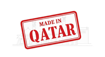 Vintage Made in Qatar stamp with red border bold typography Qatari architecture palm tree details distressed rubber style vector