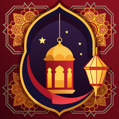 “Islamic Crescent Moon and Lantern with Mandala Ornament Ramadan Kareem and Eid Mubarak Decoration Vector”