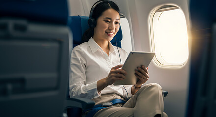 Woman listening to music and using tablet on airplane