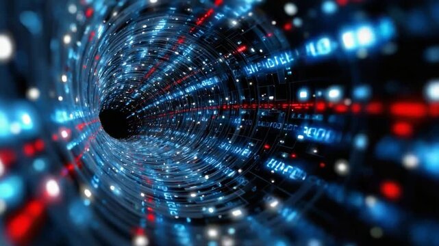 Digital Tunnel of Data: An abstract representation of the digital world, featuring a glowing tunnel composed of binary code, highlighting the flow of information. 