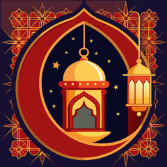 “Islamic Crescent Moon and Lantern with Mandala Ornament Ramadan Kareem and Eid Mubarak Decoration Vector”
