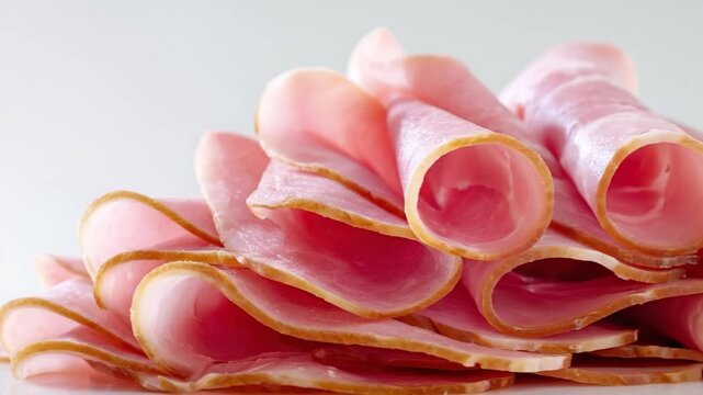 A delectable close-up shot features a stack of thinly sliced, light pink deli meat, beautifully arranged with gentle rolls and layers. The edges of each slice reveal a delicate golden-brown finish, ad