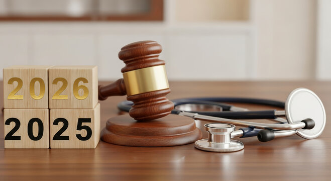 Gavel and stethoscope representing new medical law, health insurance policy and legal judgment for future year 2026