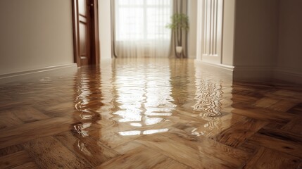 Flooded wood parquet floor with water reflecting light, symbolizing water damage and need for extraction.