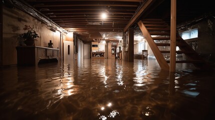 Flooded basement with visible water damage, highlighting need for waterproofing solutions.