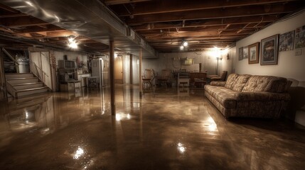Flooded basement with furniture, highlighting water damage and need for mitigation.