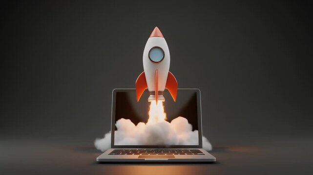Rocket Launching from Laptop Innovation and Startup Concept, Digital Technology and Online Business