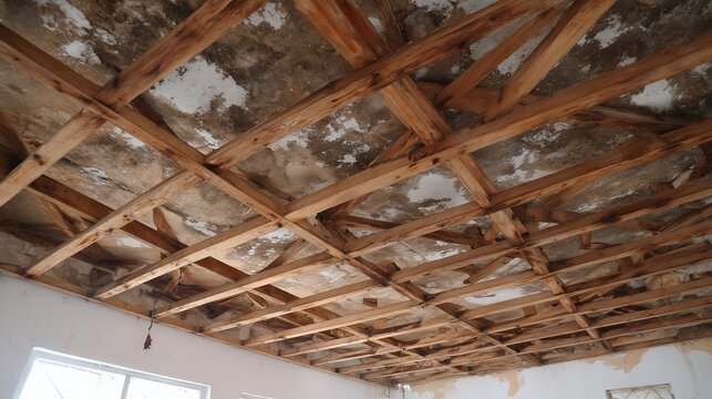Damaged ceiling with exposed wooden beams and mold, indicating severe water damage.