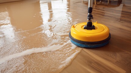 Floor cleaning machine removing water after leakage, highlighting drainage issues.