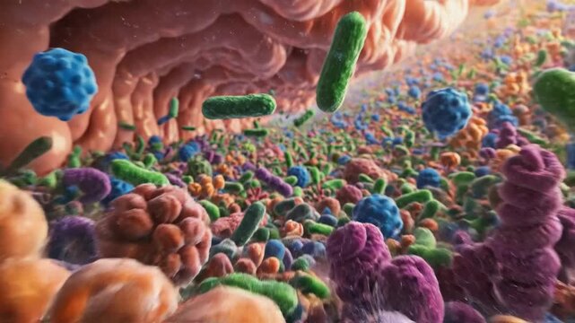 Various bacteria and other microorganisms populating the human gut lining, illustrating the complex and diverse microbiome essential for health and digestion in a cellular environment