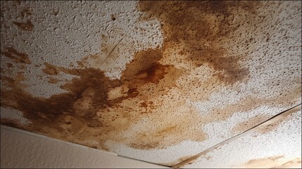 Ceiling with water stains indicating plumbing issues and potential insurance claims.
