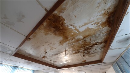 Water-stained ceiling indicating roof leakage and potential structural damage.