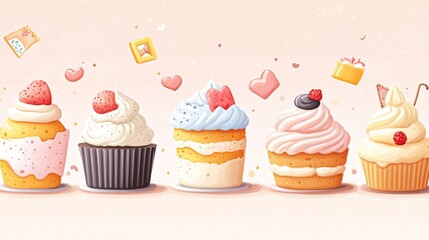 33.A vibrant digital drawing of diverse cake shapes, featuring artistic piping, whipped cream, and intricate fondant decorations, perfect for bakery branding and dessert-themed prints.