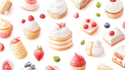 33.A vibrant digital drawing of diverse cake shapes, featuring artistic piping, whipped cream, and intricate fondant decorations, perfect for bakery branding and dessert-themed prints.