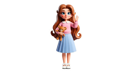 Cartoon Girl with Long Hair Holding Teddy Bear Wearing Pink Sweater and Blue Skirt Waving Hand PNG