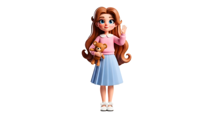 Cartoon Girl with Long Hair Holding Teddy Bear Wearing Pink Sweater and Blue Skirt Waving Hand PNG