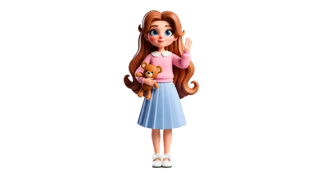 Cartoon Girl with Long Hair Holding Teddy Bear Wearing Pink Sweater and Blue Skirt Waving Hand PNG