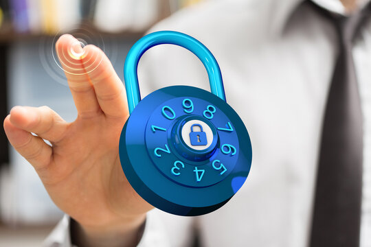 Concept of cybersecurity, data protection and digital access. Hand with finger touching virtual lock to encrypt - Powered by Adobe