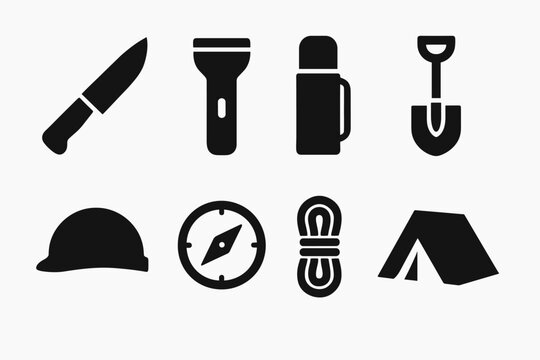 Camping gear icons flat silhouette essentials for outdoor adventure and survival