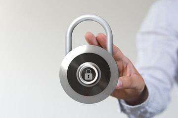 Hand holding a padlock. Illustration of protection, security, data privacy, and safe technology....